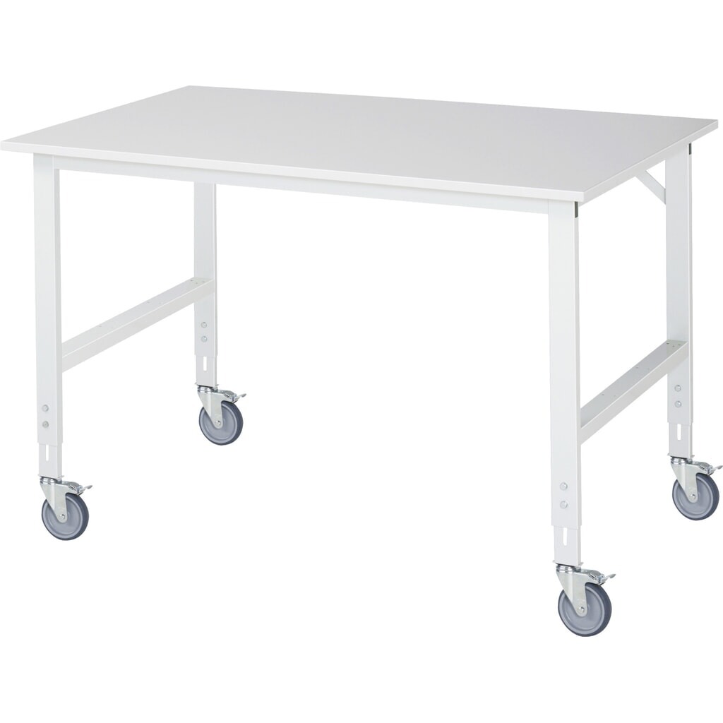 RAU höhenverstellbarer, mobiler Werktisch Serie TOM, Höhe 910-1.230 mm, BxT 1.500 x 1.000 mm, Arbeitplatte Melamin-Belag Produktabbildung: RAU höhenverstellbarer, mobiler Werktisch Serie TOM, Höhe 910-1.230 mm, BxT 1.500 x 1.000 mm, Arbeitplatte Melamin-Belag