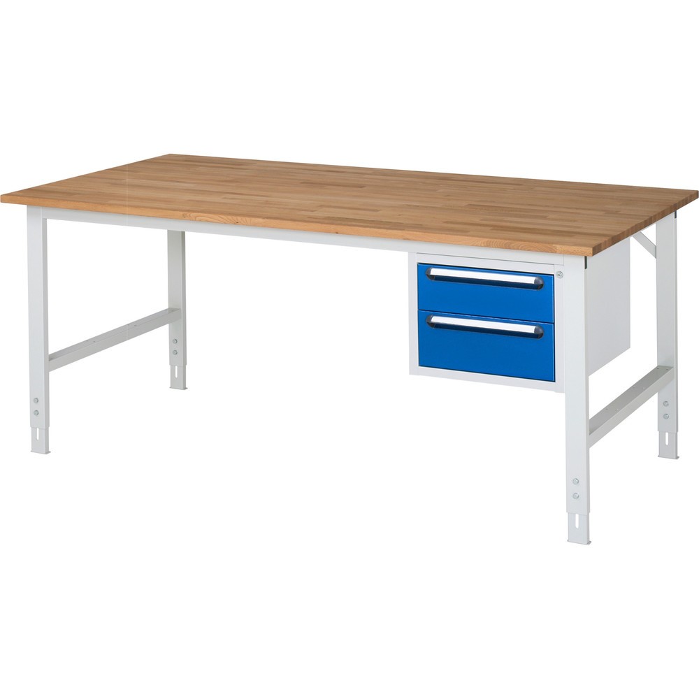 Produktabbildung: RAU höhenverstellbarer Werktisch Serie TOM, HxBxT 760-1.080 x 2.500 x 1.000 mm, 2 Schubladen, Arbeitsplatte Buche-Massiv