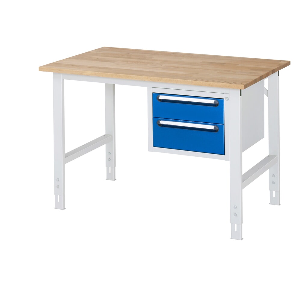 Produktabbildung: RAU höhenverstellbarer Werktisch Serie TOM, HxBxT 760-1.080 x 1.250 x 800 mm, 2 Schubladen, Arbeitsplatte Buche-Massiv