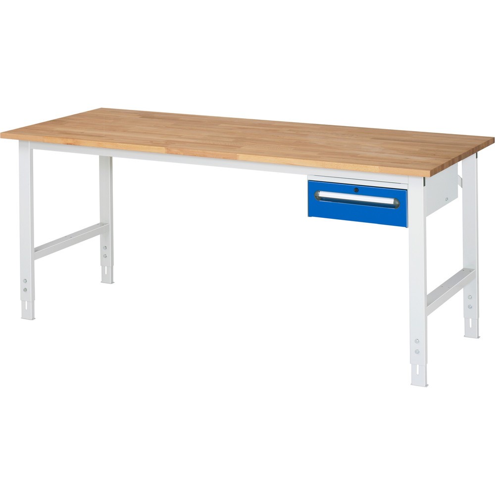Produktabbildung Nr. 1: RAU höhenverstellbarer Werktisch Serie TOM, HxBxT 760-1.080 x 2.500 x 800 mm, 2 Schubladen, Arbeitsplatte Buche-Massiv