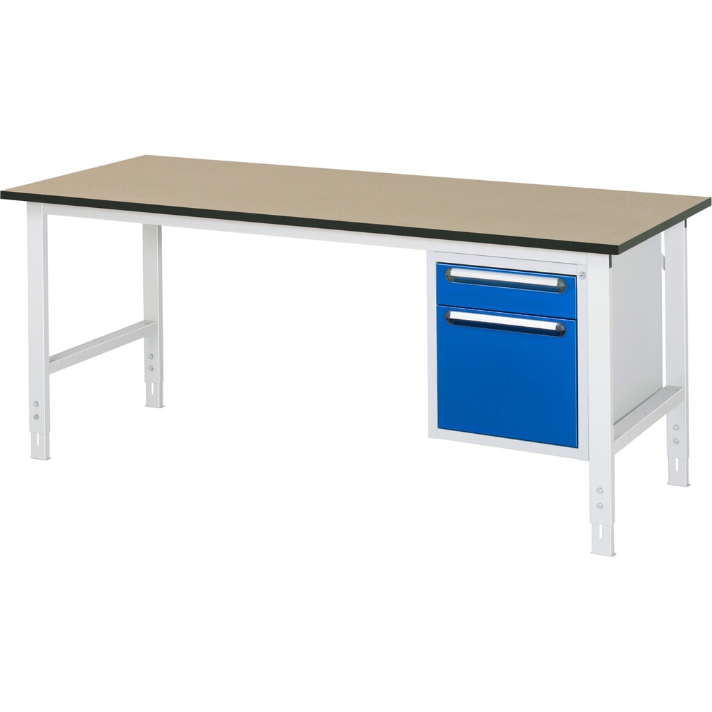 RAU höhenverstellbarer Werktisch Serie TOM, HxBxT 760-1.080 x 2.500 x 800 mm, 2 Schubladen, MDF Arbeitsplatte Produktabbildung: RAU höhenverstellbarer Werktisch Serie TOM, HxBxT 760-1.080 x 2.500 x 800 mm, 2 Schubladen, MDF Arbeitsplatte