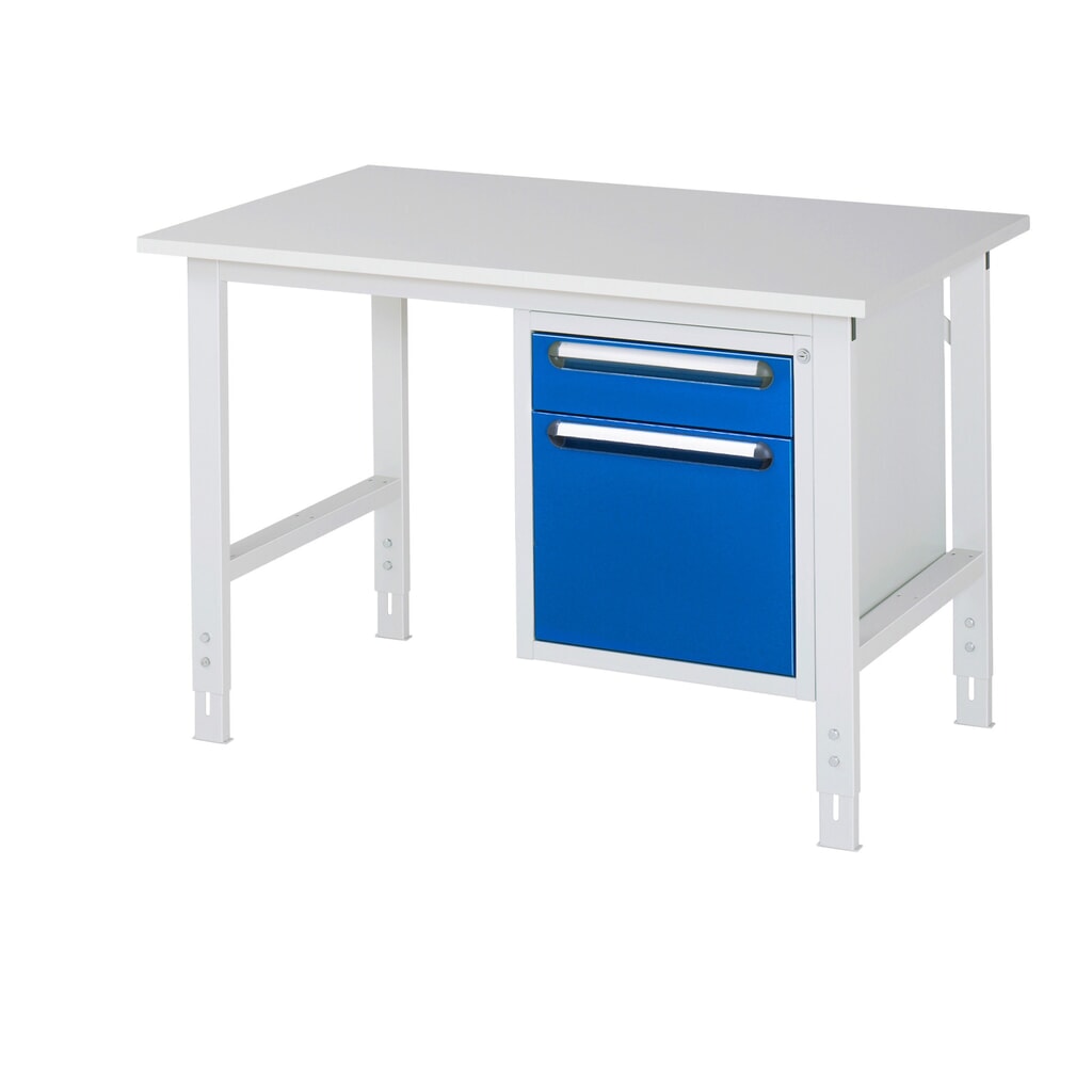 RAU höhenverstellbarer Werktisch Serie TOM, HxBxT 760-1.080 x 1.250 x 800 mm, 2 Schubladen, Arbeitsplatte Melamin-Belag Produktabbildung: RAU höhenverstellbarer Werktisch Serie TOM, HxBxT 760-1.080 x 1.250 x 800 mm, 2 Schubladen, Arbeitsplatte Melamin-Belag