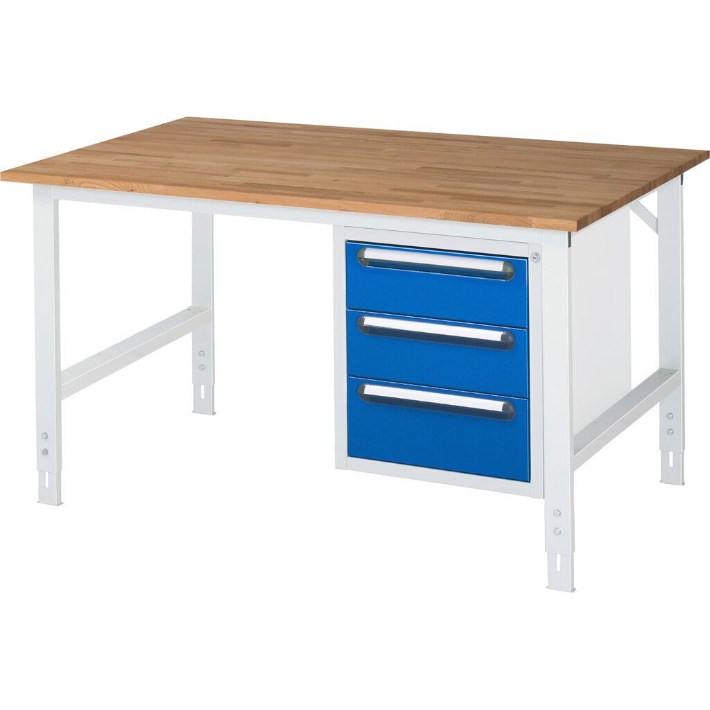 Produktabbildung: RAU höhenverstellbarer Werktisch Serie TOM, HxBxT 760-1.080 x 1.500 x 1.000 mm, 3 Schubladen, Arbeitsplatte Buche-Massiv