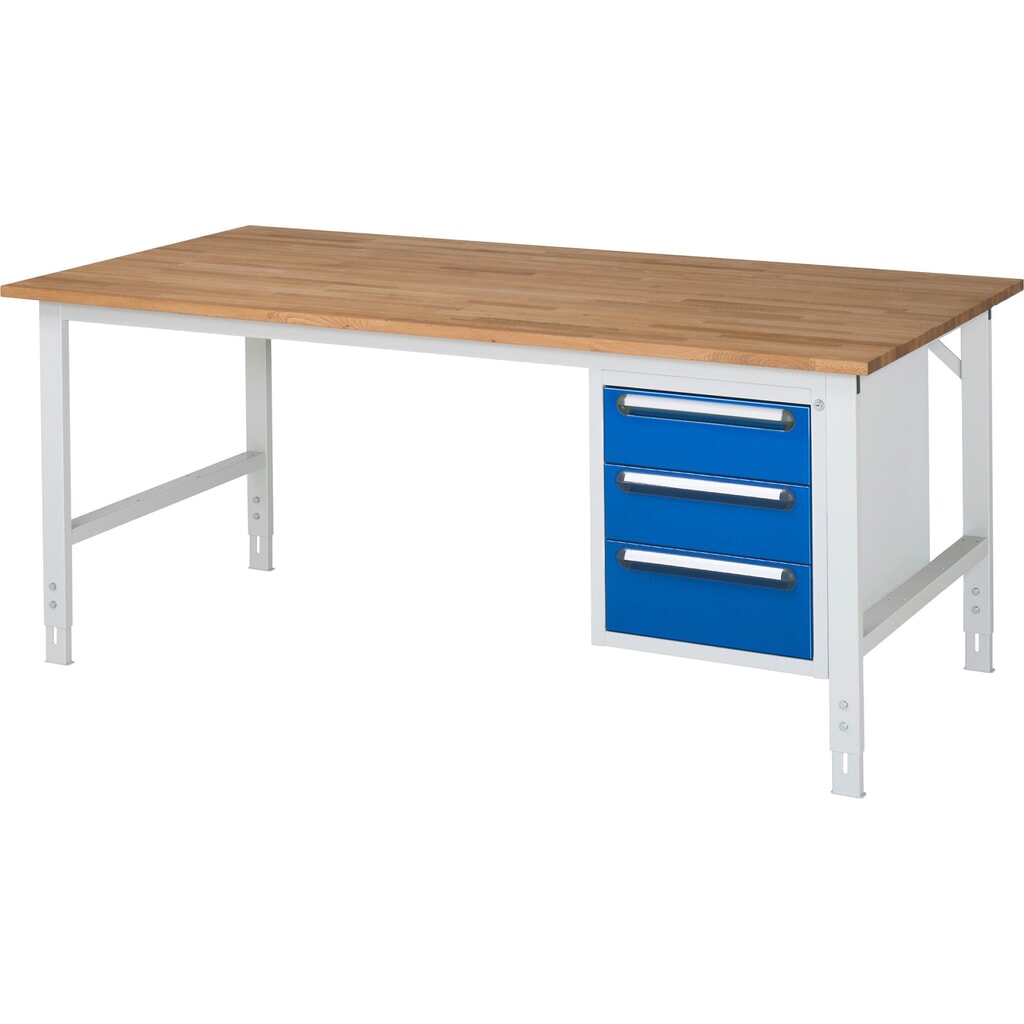 Produktabbildung: RAU höhenverstellbarer Werktisch Serie TOM, HxBxT 760-1.080 x 2.500 x 1.000 mm, 3 Schubladen, Arbeitsplatte Buche-Massiv