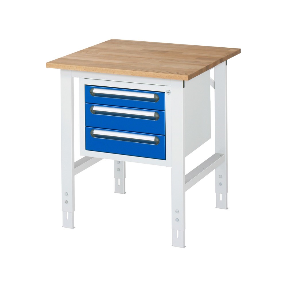 Produktabbildung: RAU höhenverstellbarer Werktisch Serie TOM, HxBxT 760-1.080 x 750 x 800 mm, 3 Schubladen, Arbeitsplatte Buche-Massiv