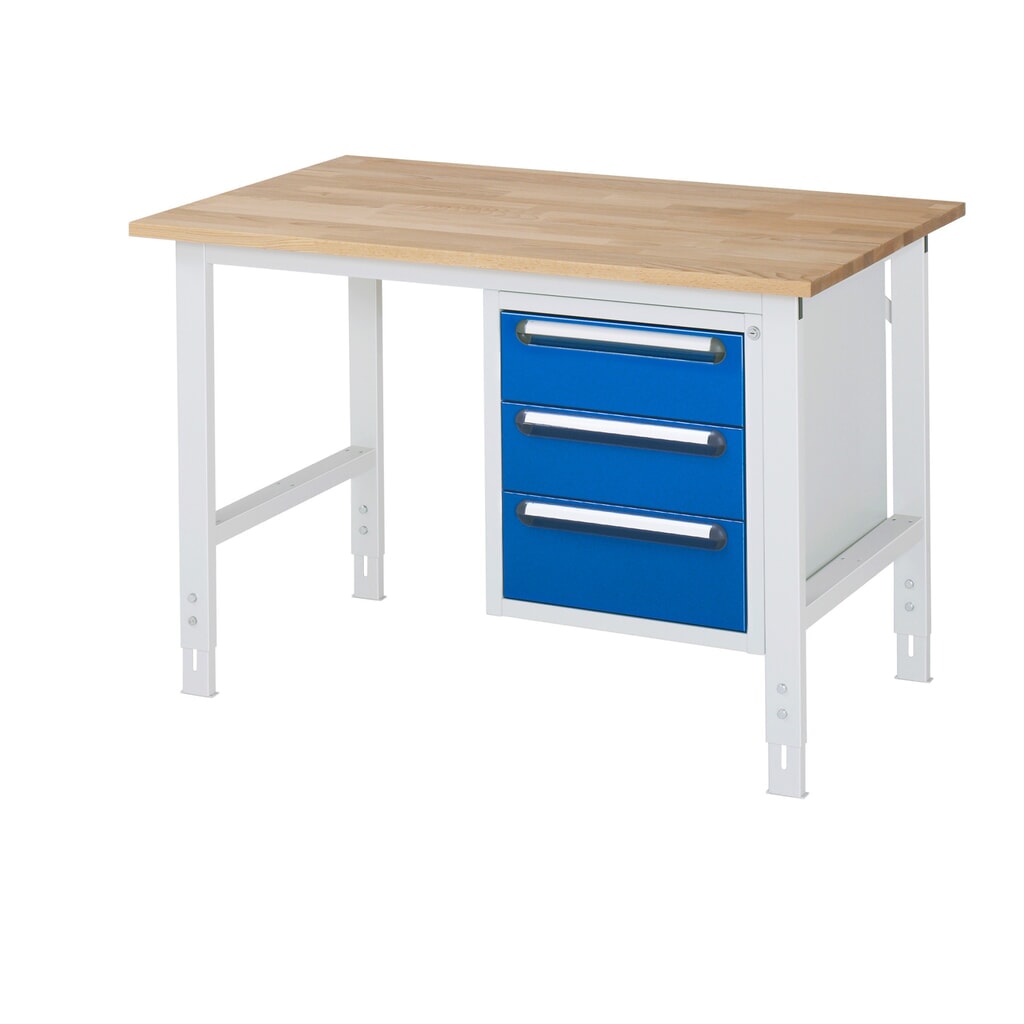 Produktabbildung: RAU höhenverstellbarer Werktisch Serie TOM, HxBxT 760-1.080 x 1.250 x 800 mm, 3 Schubladen, Arbeitsplatte Buche-Massiv
