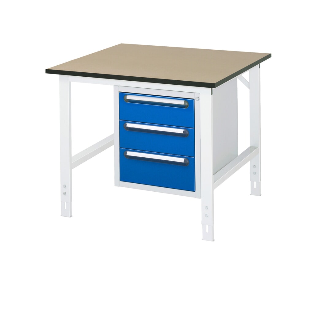 Produktabbildung: RAU höhenverstellbarer Werktisch Serie TOM, HxBxT 760-1.080 x 1.000 x 1.000 mm, 3 Schubladen, MDF Arbeitsplatte