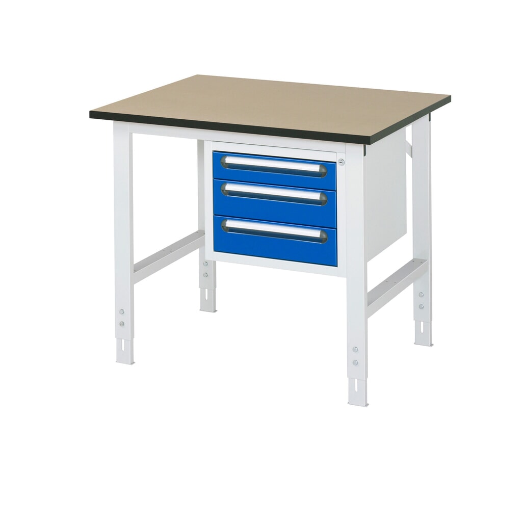 Produktabbildung: RAU höhenverstellbarer Werktisch Serie TOM, HxBxT 760-1.080 x 1.000 x 800 mm, 3 Schubladen, MDF Arbeitsplatte