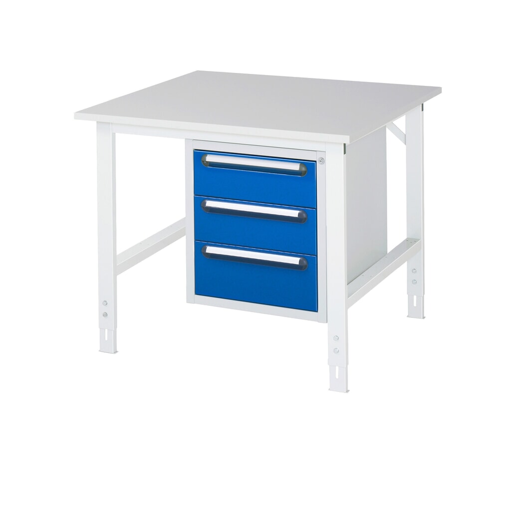 Produktabbildung: RAU höhenverstellbarer Werktisch Serie TOM, HxBxT 760-1.080 x 1.000 x 1.000 mm, 3 Schubladen, Arbeitsplatte Melamin-Belag