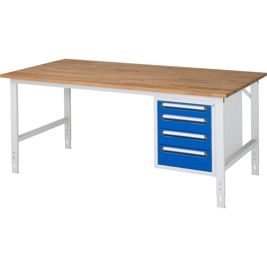 RAU höhenverstellbarer Werktisch Serie TOM, HxBxT 760-1.080 x 2.500 x 1.000 mm, 4 Schubladen, Arbeitsplatte Buche-Massiv Produktabbildung: RAU höhenverstellbarer Werktisch Serie TOM, HxBxT 760-1.080 x 2.500 x 1.000 mm, 4 Schubladen, Arbeitsplatte Buche-Massiv