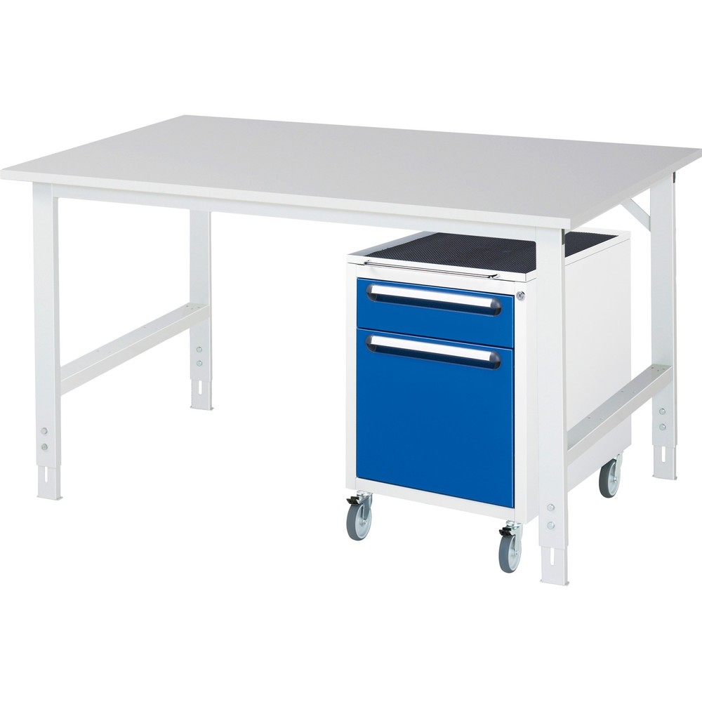 Illustration du produit: RAU Kit d'atelier TOM en 2 parties, avec table de travail, HxlxP 760-1 080 x 1 500 x 1 000 mm, plan de travail en mélamine, plus caisson à roulettes avec 2 tiroirs, HxlxP 690 x 480 x 600 mm
