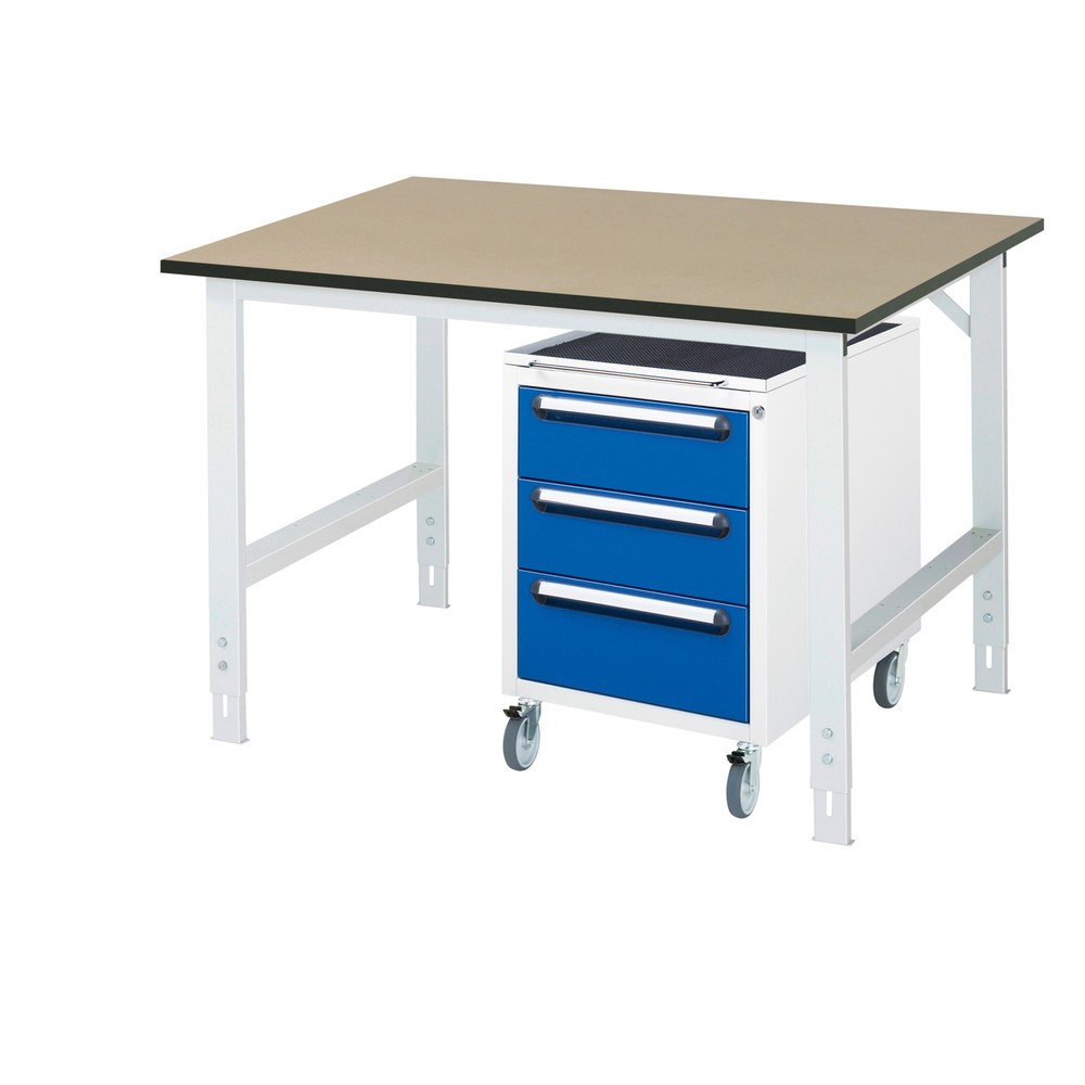 Illustration du produit: RAU Kit d'atelier TOM en 2 parties, avec établi, Hxlxp 760-1 080 x 1 250 x 1 000 mm, Plan de travail en MDF, incl. caisson à roulettes avec 3 tiroirs, HxlxP 690 x 480 x 600 mm