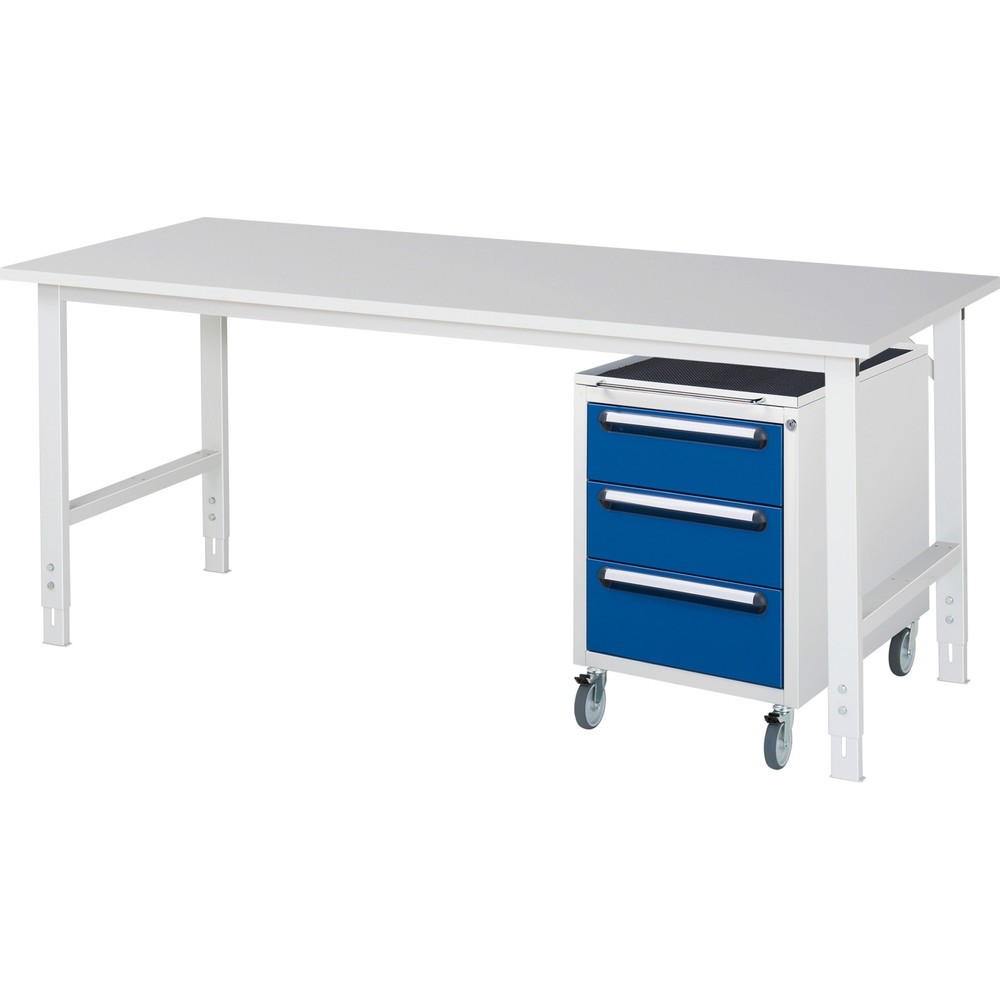 Illustration du produit: RAU Kit d'atelier TOM en 2 parties, avec table de travail, HxlxP 760-1 080 x 2 500 x 800 mm, plan de travail avec revêtement en mélamine, plus caisson à roulettes avec 3 tiroirs, HxlxP 690 x 480 x 600 mm