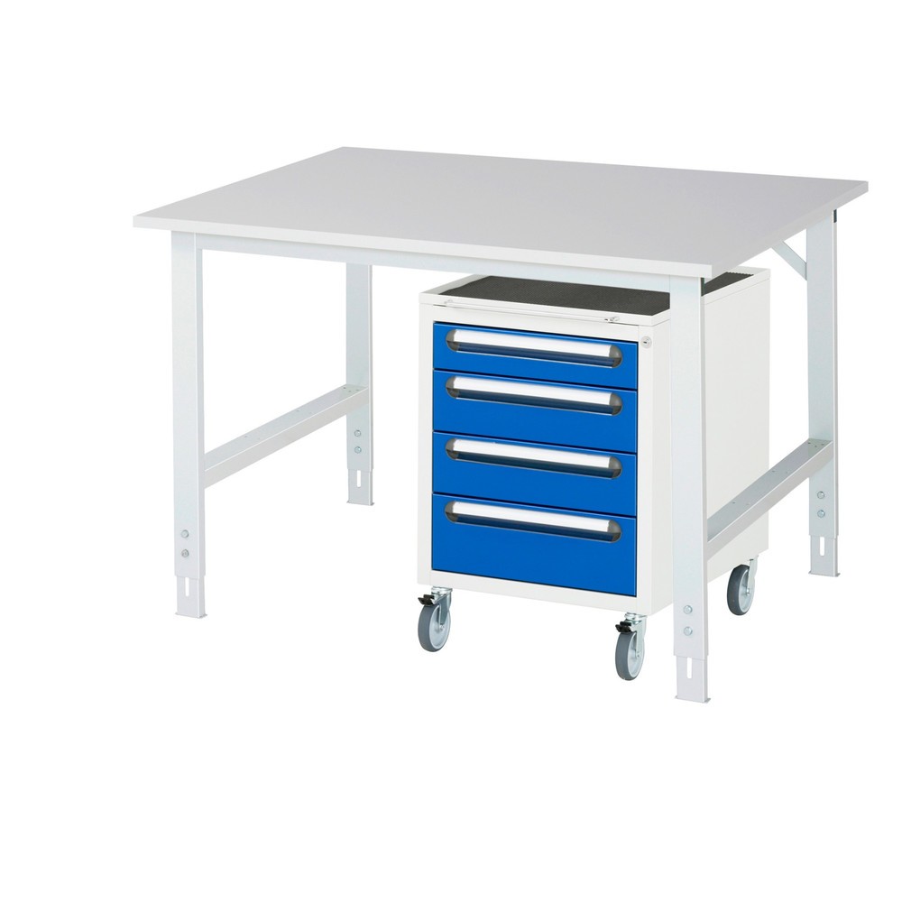 Illustration du produit: RAU Kit d'atelier TOM en 2 parties, avec table de travail, HxlxP 760-1 080 x 1 250 x 1 000 mm, plan de travail en mélamine, plus caisson à roulettes avec 3 tiroirs, HxlxP 690 x 480 x 600 mm