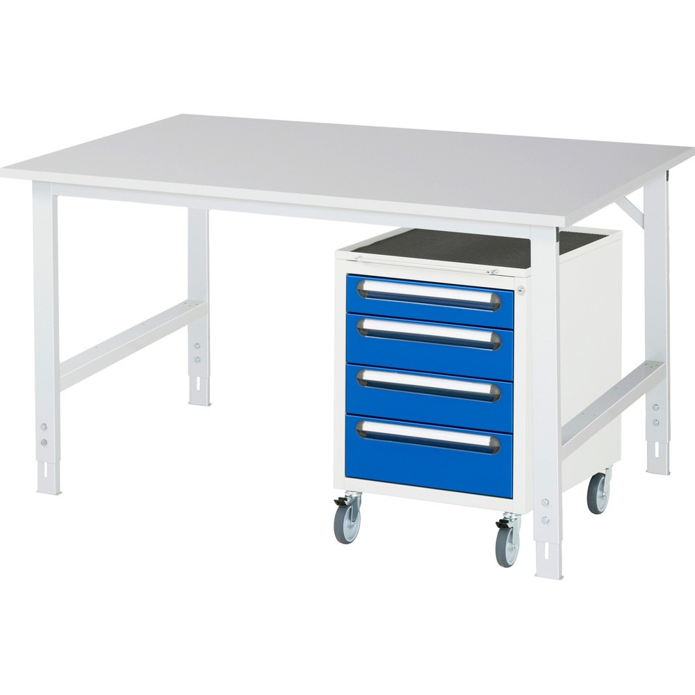 Illustration du produit: RAU Kit d'atelier TOM en 2 parties, avec table de travail, HxlxP 760-1 080 x 1 500 x 800 mm, plan de travail avec revêtement en mélamine, plus caisson à roulettes avec 3 tiroirs, HxlxP 690 x 480 x 600 mm
