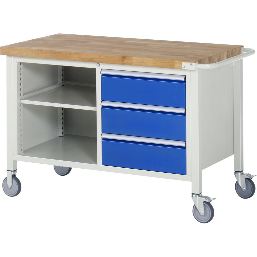 Produktabbildung: RAU mobile Werkbank Serie 8000, 1 Doppel-Container, 1 Fachboden, HxBxT 880-1.080 x 1.250 x 700 mm, 3 x 90%-Auszug-Schubladen