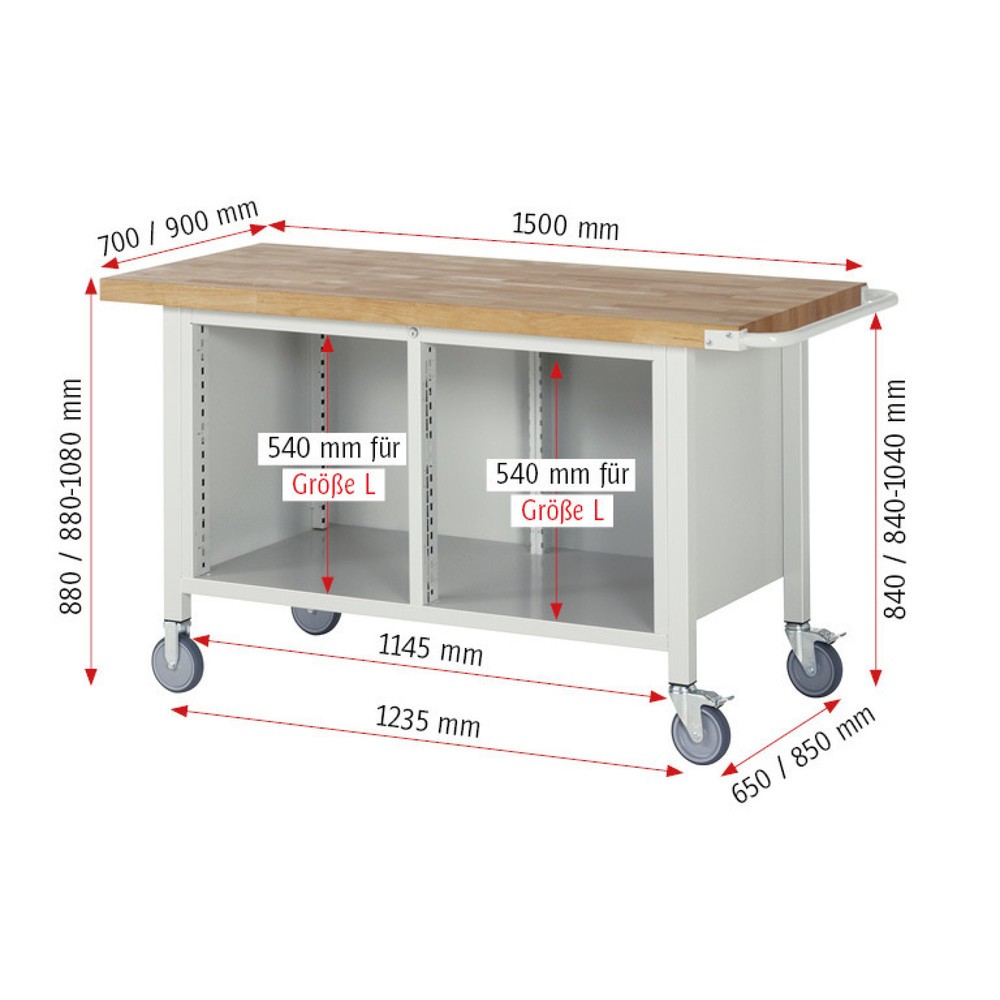 Produktabbildung Nr. 6: RAU mobile Werkbank Serie 8000, 1 Doppel-Container, 1 Flügeltür, HxBxT 880-1.080 x 1.500 x 700 mm, 3 x 90%-Auszug-Schubladen