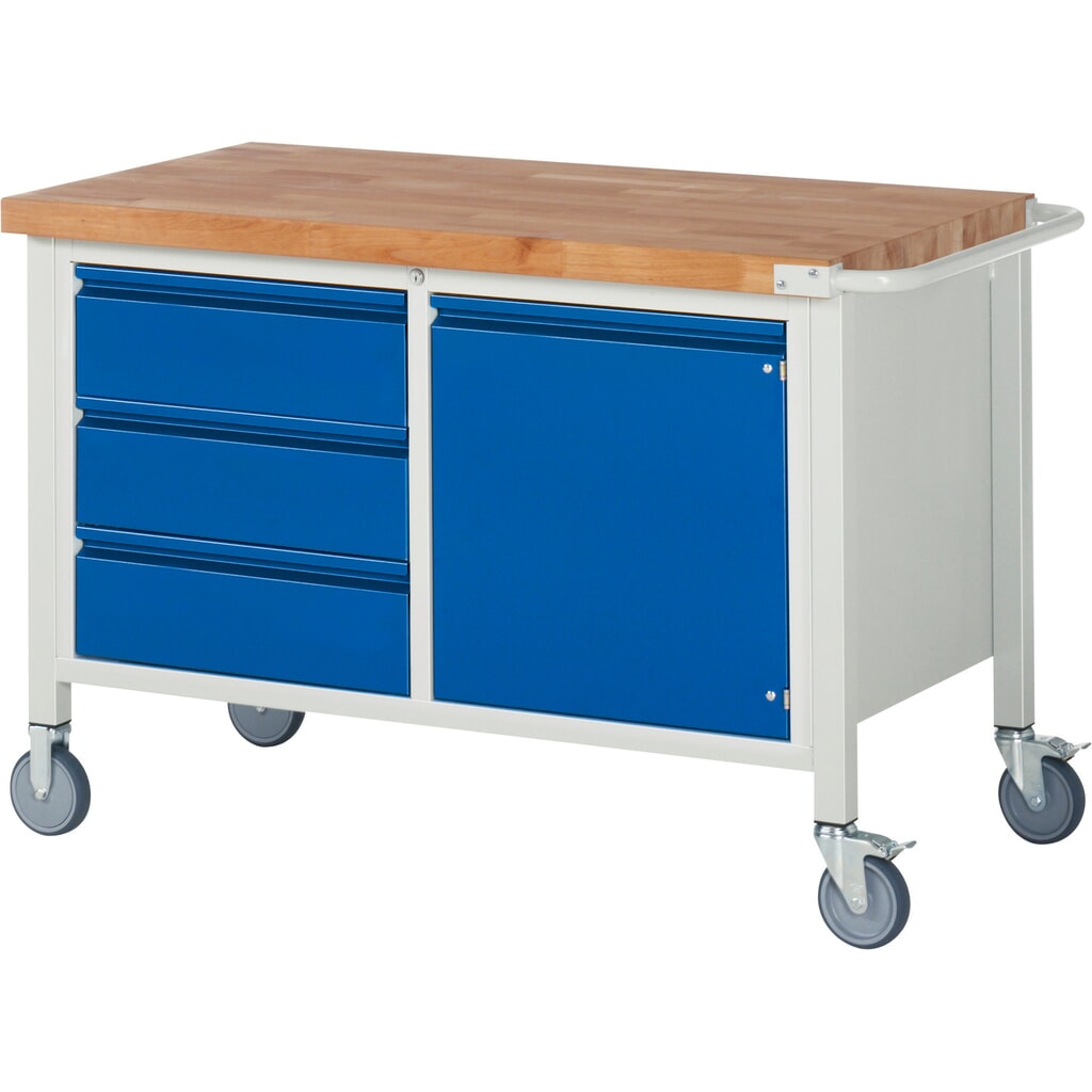 RAU mobile Werkbank Serie 8000, 1 Doppel-Container, 1 Flügeltür, HxBxT 880 x 1.250 x 700 mm, 3 x 90%-Auszug-Schubladen, integrierte Griffleiste Produktabbildung: RAU mobile Werkbank Serie 8000, 1 Doppel-Container, 1 Flügeltür, HxBxT 880 x 1.250 x 700 mm, 3 x 90%-Auszug-Schubladen, integrierte Griffleiste