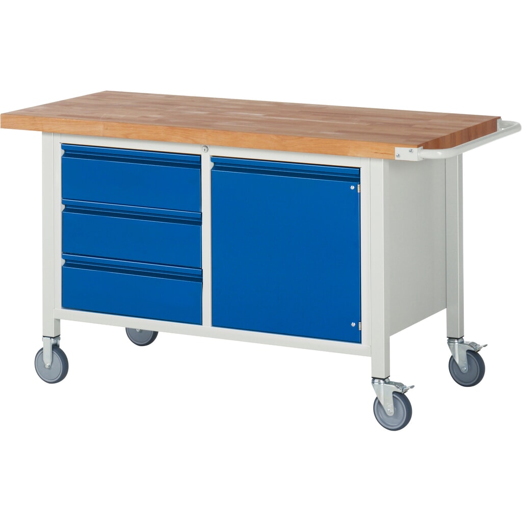 Produktabbildung: RAU mobile Werkbank Serie 8000, 1 Doppel-Container, 1 Flügeltür, HxBxT 880 x 1.500 x 700 mm, 3 x 90%-Auszug-Schubladen, integrierte Griffleiste
