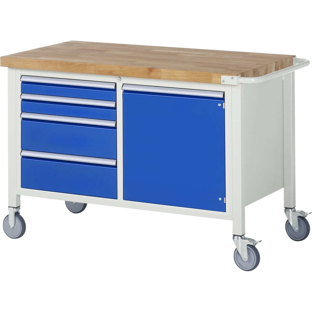 RAU mobile Werkbank Serie 8000, 1 Doppel-Container, 1 Flügeltür, HxBxT 880 x 1.250 x 700 mm, 4 x 90%-Auszug-Schubladen Produktabbildung: RAU mobile Werkbank Serie 8000, 1 Doppel-Container, 1 Flügeltür, HxBxT 880 x 1.250 x 700 mm, 4 x 90%-Auszug-Schubladen