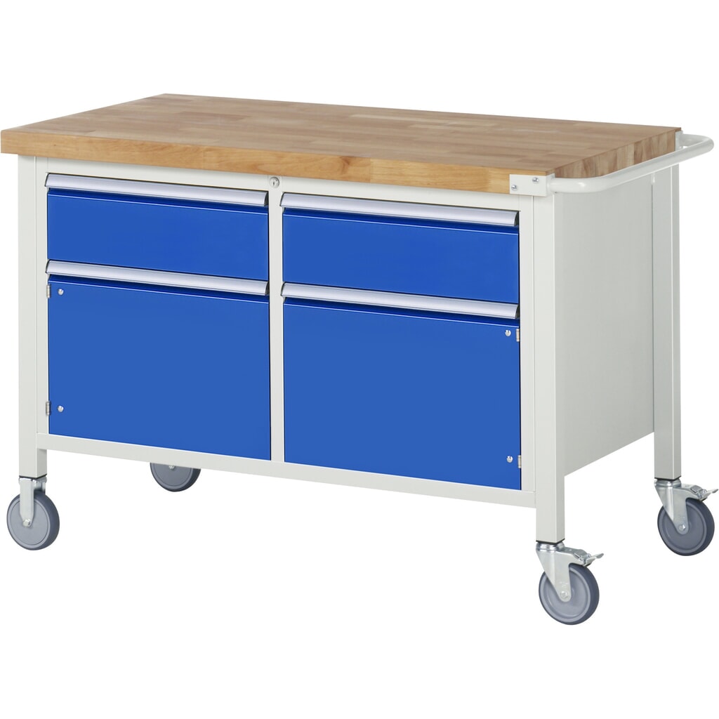 RAU mobile Werkbank Serie 8000, 1 Doppel-Container, 2 Flügeltüren, HxBxT 880-1.080 x 1.250 x 700 mm, 2 x 90%-Auszug-Schubladen Produktabbildung: RAU mobile Werkbank Serie 8000, 1 Doppel-Container, 2 Flügeltüren, HxBxT 880-1.080 x 1.250 x 700 mm, 2 x 90%-Auszug-Schubladen