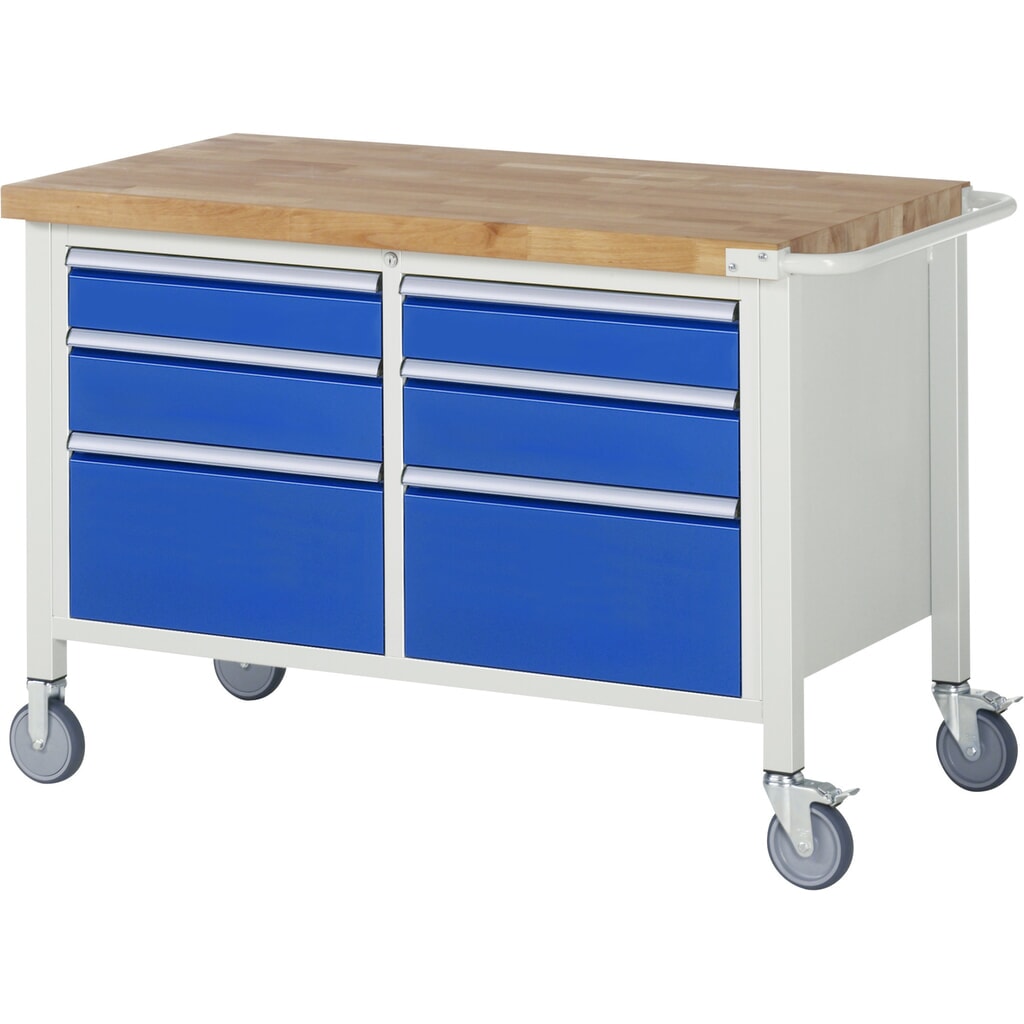 RAU mobile Werkbank Serie 8000, 1 Doppel-Container, HxBxT 880-1.080 x 1.250 x 700 mm, 6 x 90%-Auszug-Schubladen Produktabbildung: RAU mobile Werkbank Serie 8000, 1 Doppel-Container, HxBxT 880-1.080 x 1.250 x 700 mm, 6 x 90%-Auszug-Schubladen