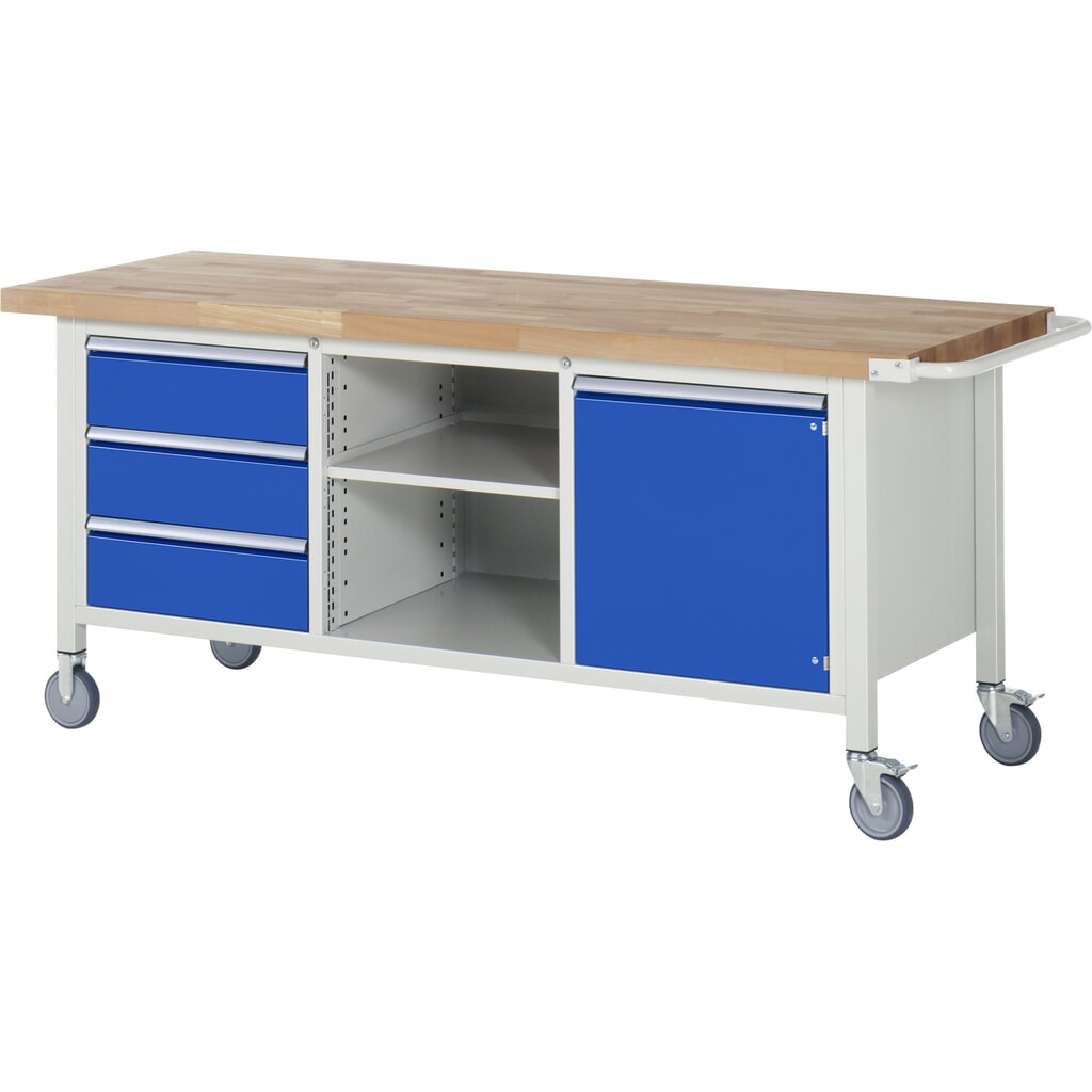 RAU mobile Werkbank Serie 8000, 1 Dreifach-Container, 1 Fachboden, 1 Flügeltür, HxBxT 880-1.080 x 2.000 x 700 mm, 3 x 90%-Auszug-Schubladen Produktabbildung: RAU mobile Werkbank Serie 8000, 1 Dreifach-Container, 1 Fachboden, 1 Flügeltür, HxBxT 880-1.080 x 2.000 x 700 mm, 3 x 90%-Auszug-Schubladen