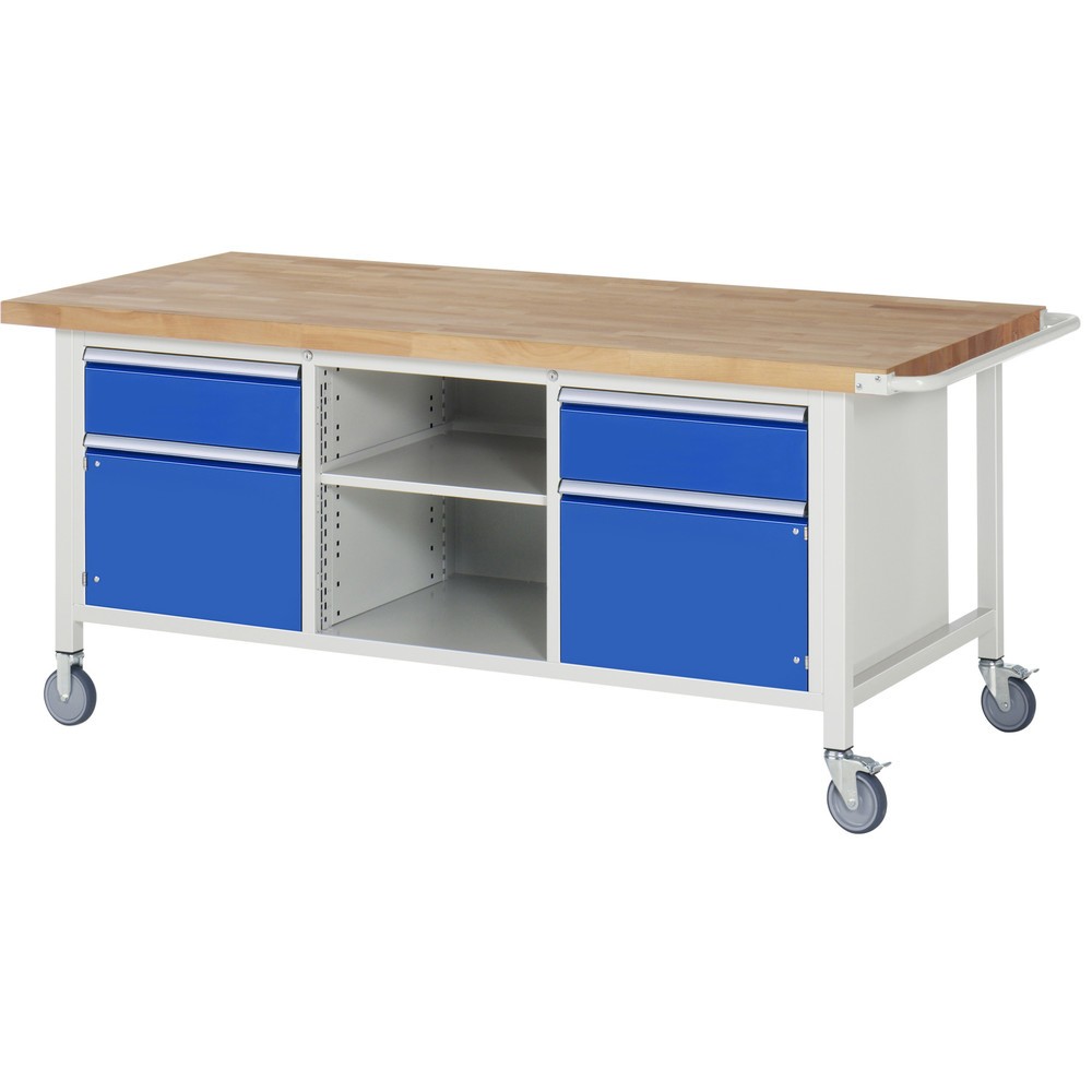 Produktabbildung: RAU mobile Werkbank Serie 8000, 1 Dreifach-Container, 1 Fachboden, 2 Flügeltüren, HxBxT 880 x 2.000 x 900 mm, 2 x 90%-Auszug-Schubladen, ErgoScript