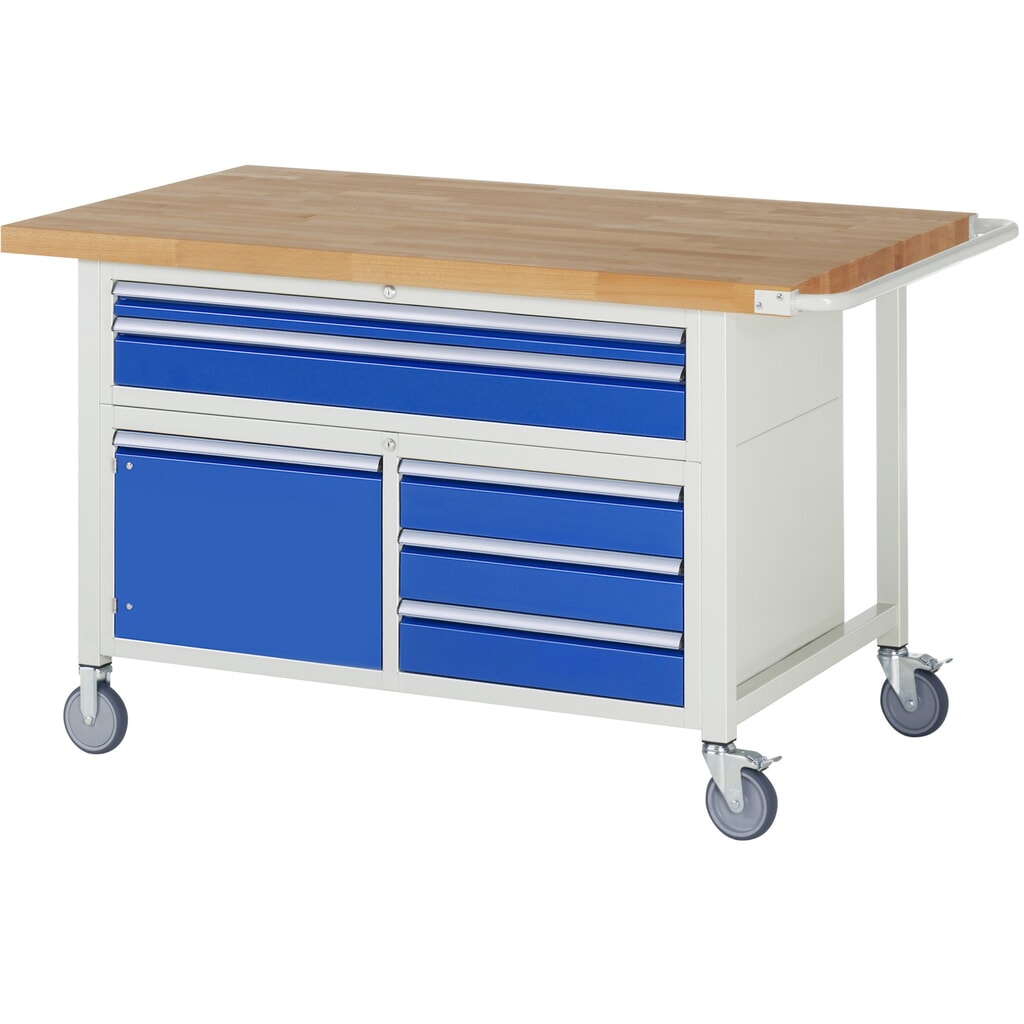 Produktabbildung: RAU mobile Werkbank Serie 8000, 1 Dreifach-Container, 1 Flügeltür, HxBxT 920 x 1.500 x 900 mm, 5 x 90%-Auszug-Schubladen