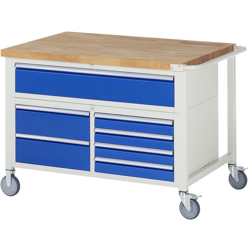 Produktabbildung: RAU mobile Werkbank Serie 8000, 1 Dreifach-Container, HxBxT 880-1.080 x 1.250 x 900 mm, 7 Schubladen
