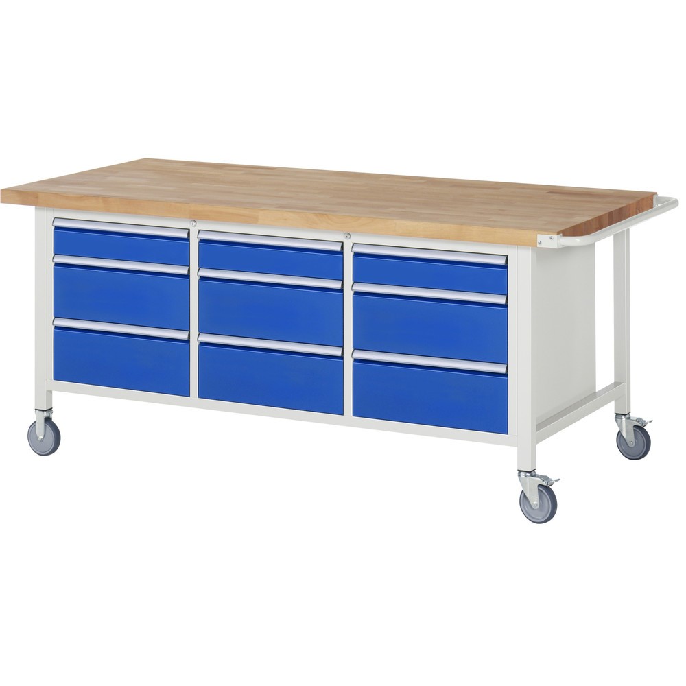 Produktabbildung: RAU mobile Werkbank Serie 8000, 1 Dreifach-Container, HxBxT 880-1.080 x 2.000 x 900 mm, 9 x 90%-Auszug-Schubladen