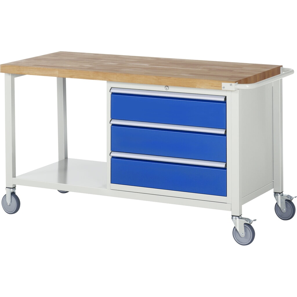 Produktabbildung: RAU mobile Werkbank Serie 8000, 1 Ablageboden, HxBxT 880-1.080 x 1.500 x 700 mm, 3 x 90%-Auszug-Schubladen, Breite 680 mm
