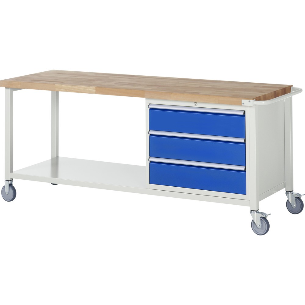 Produktabbildung Nr. 1: RAU mobile Werkbank Serie 8000, 1 Ablageboden, HxBxT 880-1.080 x 2.000 x 700 mm, 3 x 100%-Auszug-Schubladen, Breite 680 mm