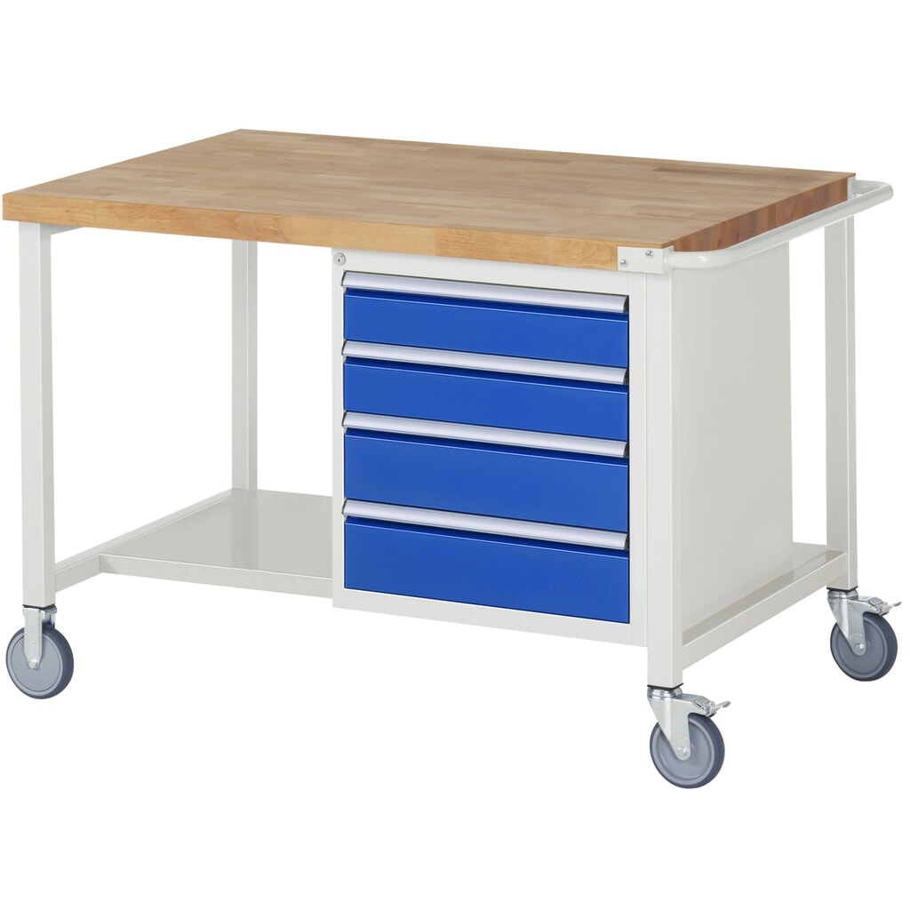 RAU mobile Werkbank Serie 8000, 1 Container, HxBxT 880-1.080 x 1.250 x 900 mm, 4 x 90%-Auszug-Schubladen, Breite 490 mm Produktabbildung: RAU mobile Werkbank Serie 8000, 1 Container, HxBxT 880-1.080 x 1.250 x 900 mm, 4 x 90%-Auszug-Schubladen, Breite 490 mm