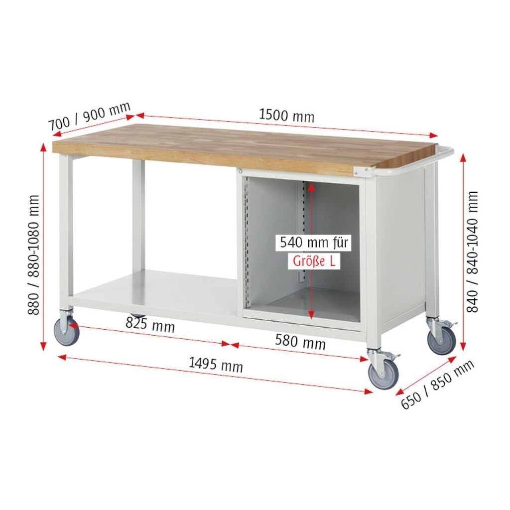Produktabbildung Nr. 6: RAU mobile Werkbank Serie 8000, 1 Ablageboden, HxBxT 880 x 1.500 x 700 mm, 4 x 100%-Auszug-Schubladen, Schubladen-TK 100 kg