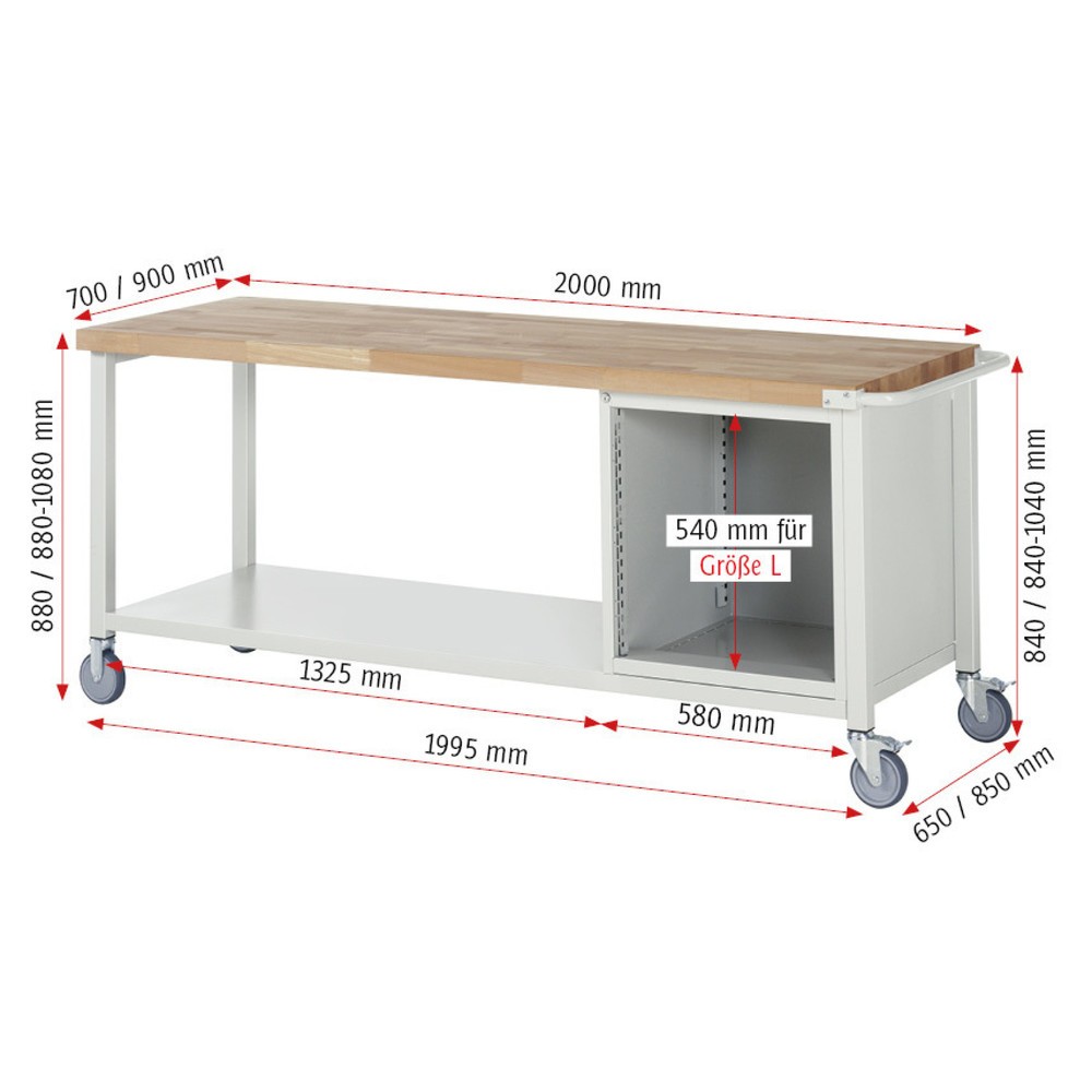 Produktabbildung Nr. 5: RAU mobile Werkbank Serie 8000, 1 Ablageboden, HxBxT 880-1.080 x 2.000 x 900 mm, 3 x 100%-Auszug-Schubladen, Breite 490 mm