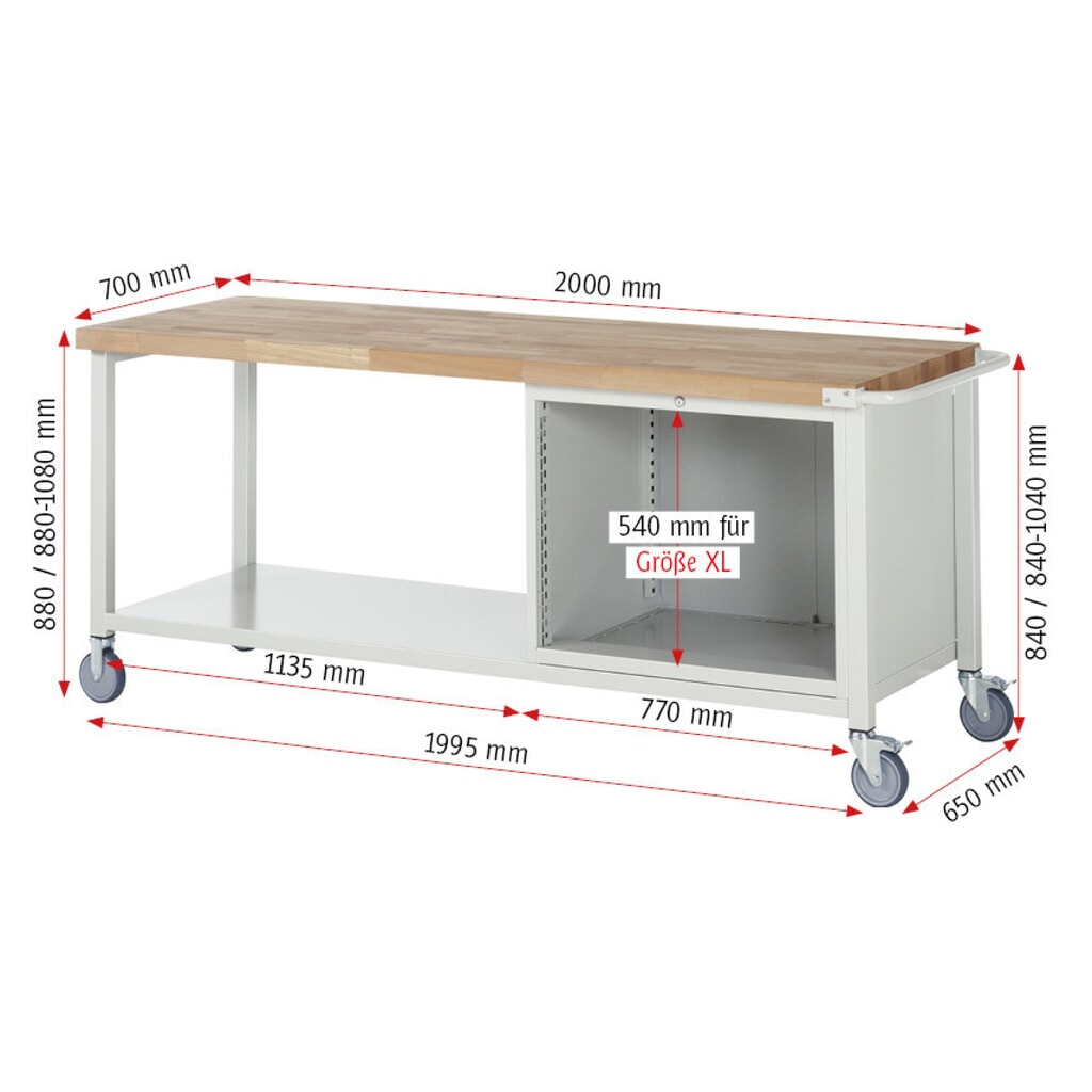 RAU mobile Werkbank Serie 8000, 1 Ablageboden, HxBxT 880-1.080 x 2.000 x 700 mm, 5 x 100%-Auszug-Schubladen, Breite 680 mm Produktabbildung Nr. 7: RAU mobile Werkbank Serie 8000, 1 Ablageboden, HxBxT 880-1.080 x 2.000 x 700 mm, 5 x 100%-Auszug-Schubladen, Breite 680 mm