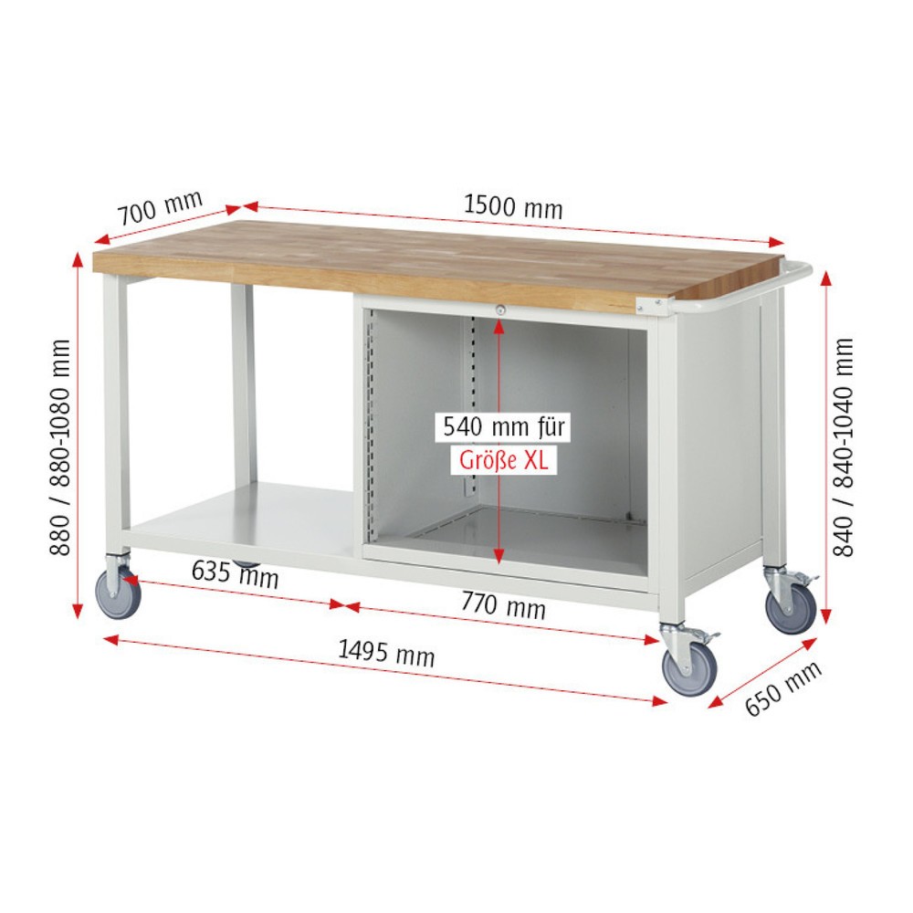 Produktabbildung Nr. 4: RAU mobile Werkbank Serie 8000, 1 Ablageboden, HxBxT 880-1.080 x 1.500 x 700 mm, 3 x 100%-Auszug-Schubladen, Breite 680 mm