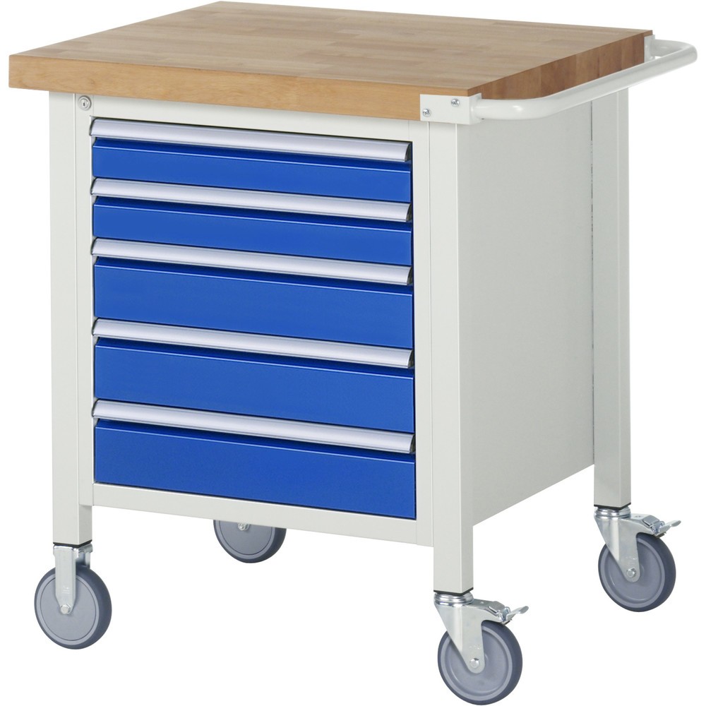 Produktabbildung: RAU mobile Werkbank Serie 8000, 1 Container, HxBxT 880-1.080 x 750 x 700 mm, 5 x 90%-Auszug-Schubladen, Breite 490 mm