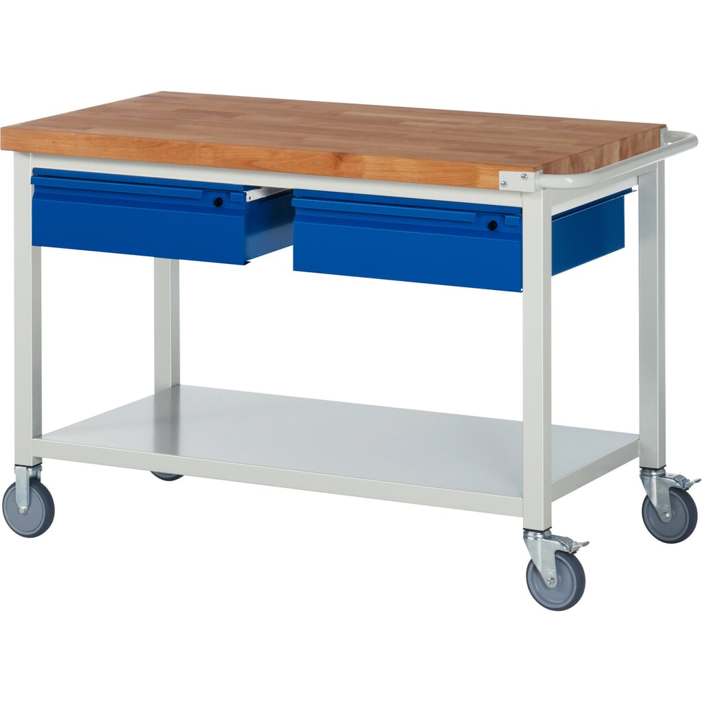 RAU mobile Werkbank Serie 8000, Buche-Massiv-Arbeitsplatte, Stärke 40 mm, HxBxT 880 x 1.250 x 700 mm, 2 Schubladen, 1 Ablageboden Produktabbildung: RAU mobile Werkbank Serie 8000, Buche-Massiv-Arbeitsplatte, Stärke 40 mm, HxBxT 880 x 1.250 x 700 mm, 2 Schubladen, 1 Ablageboden