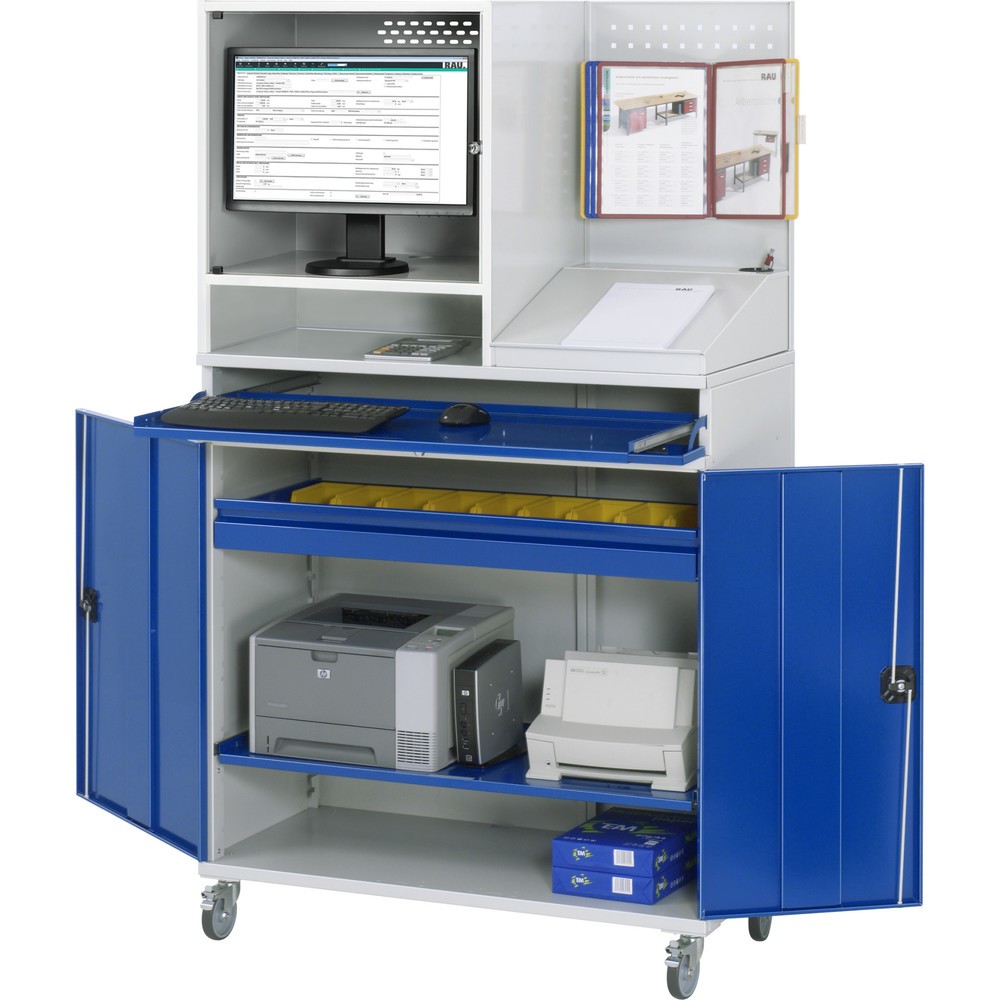 Produktabbildung Nr. 2: RAU mobiler Computer-Schrank, Monitorgehäuse, Tastaturauszug, Doppel-Flügeltür, Lochplattenrückwand, Schubladenanzahl x H x B: 1 x 80 x 1.020 mm