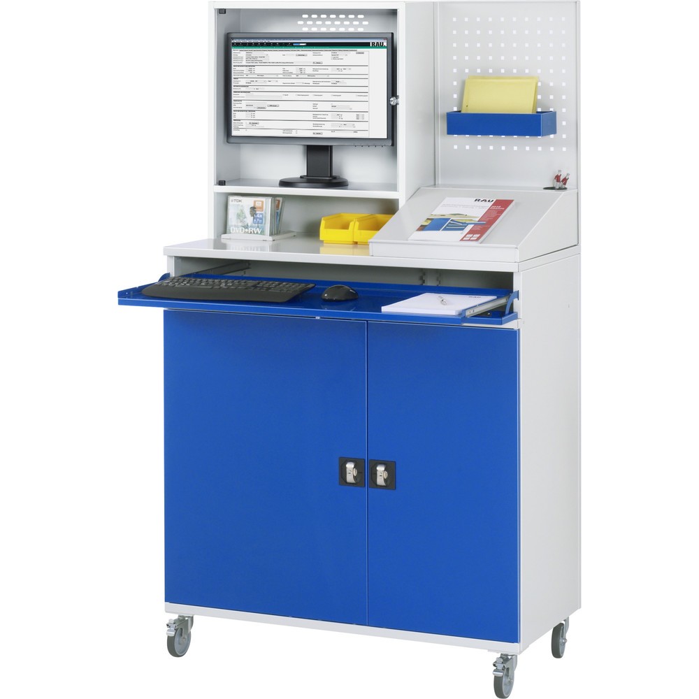 N° de l'image du produit 3 : RAU Armoire informatique mobile, boîtier d'écran, porte-clavier coulissant, double porte battante, panneau arrière perforé, nombre de tiroirs x Hxl : 1 x 80 x 1 020 mm