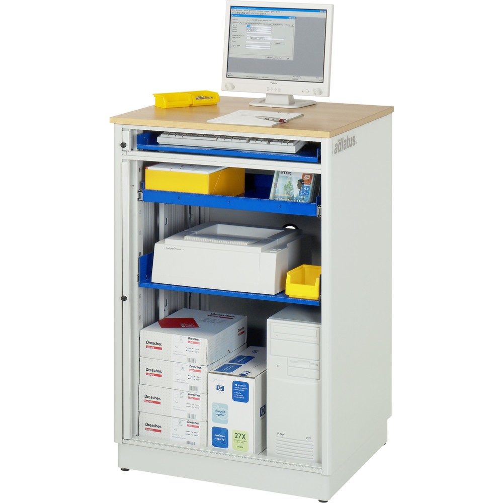 N° de l'image du produit 2 : RAU Postes informatiques HxlxP 1 100 x 720 x 660 mm, plateau de travail décor hêtre, avec volet roulant, bloc multiprises