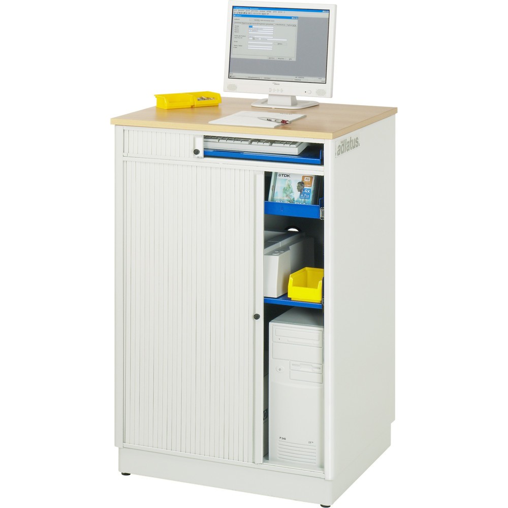 N° de l'image du produit 4 : RAU Postes informatiques HxlxP 1 100 x 720 x 660 mm, plateau de travail décor hêtre, avec volet roulant, bloc multiprises