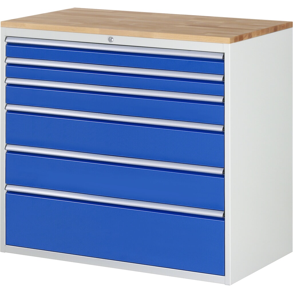 RAU Schubladenschrank Serie 7000, HxBxT 1.035 x 1.145 x 650 mm, 6 x 100%-Auszug-Schubladen 2 x 90, 1 x 120, 2 x 180, 1 x 270 mm, Arbeitsplatte Buche Produktabbildung: RAU Schubladenschrank Serie 7000, HxBxT 1.035 x 1.145 x 650 mm, 6 x 100%-Auszug-Schubladen 2 x 90, 1 x 120, 2 x 180, 1 x 270 mm, Arbeitsplatte Buche
