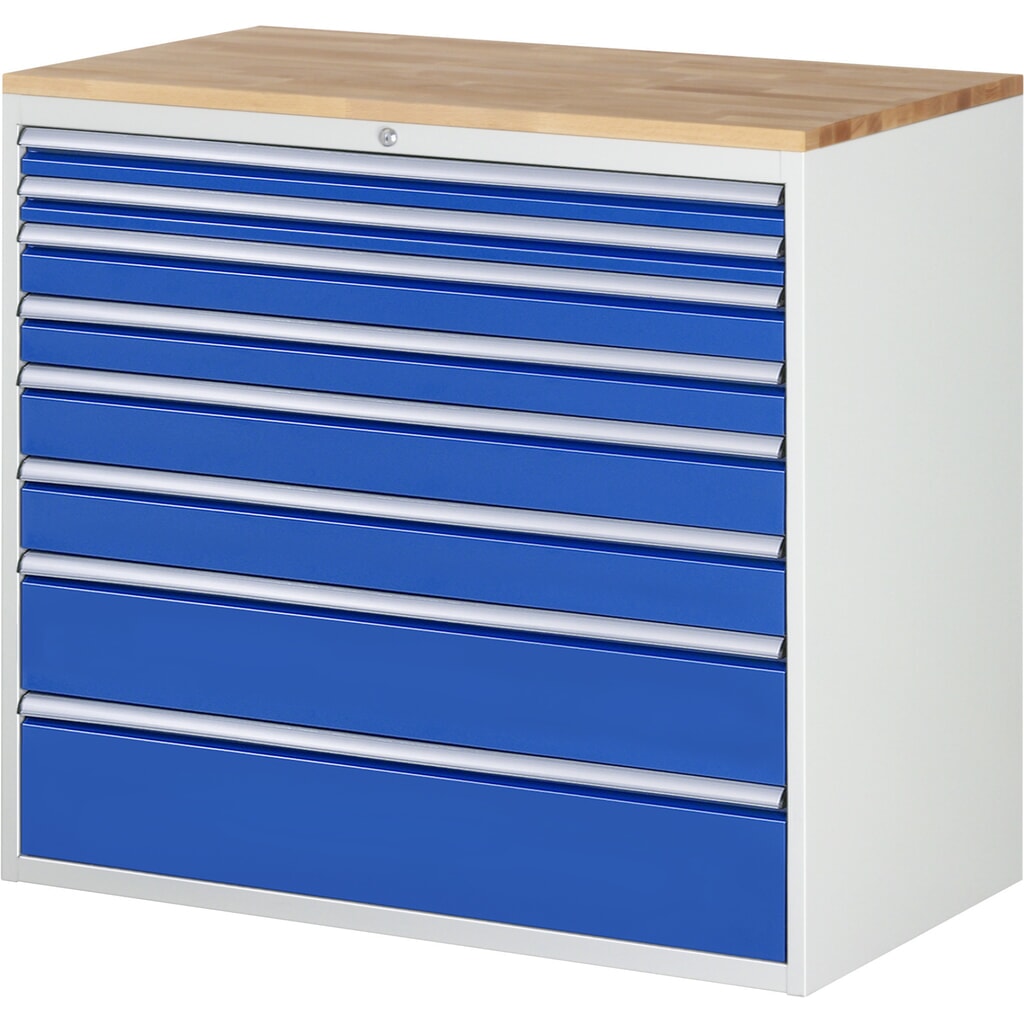 Produktabbildung: RAU Schubladenschrank Serie 7000, HxBxT 1.035 x 1.145 x 650 mm, 8 x 100%-Auszug-Schubladen 2 x 60, 2 x 90, 2 x 120, 1 x 180, 1 x 210 mm, Arbeitsplatte Buche