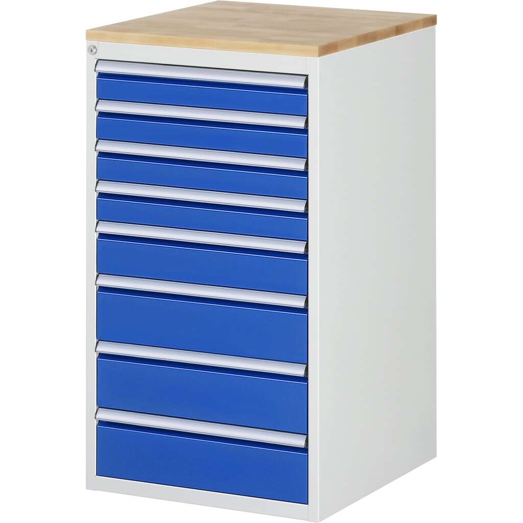 Produktabbildung: RAU Schubladenschrank Serie 7000, HxBxT 1.035 x 580 x 650 mm, 8 x 100%-Auszug-Schubladen 4 x 90, 1 x 120, 3 x 150 mm, Arbeitsplatte Buche