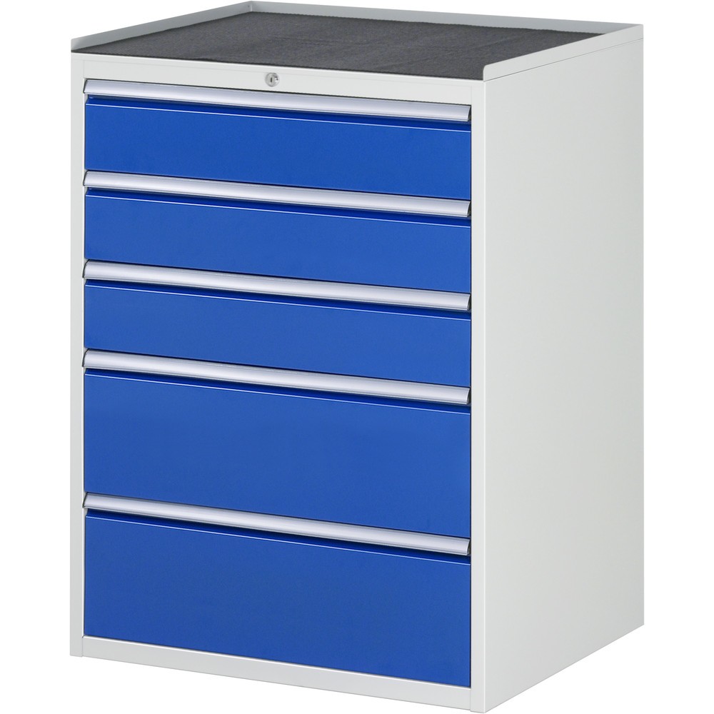 Produktabbildung: RAU Schubladenschrank Serie 7000, HxBxT 1.035 x 770 x 650 mm, 5 x 90%-Auszug-Schubladen 3 x 150, 2 x 240 mm, Arbeitsplatte Metall