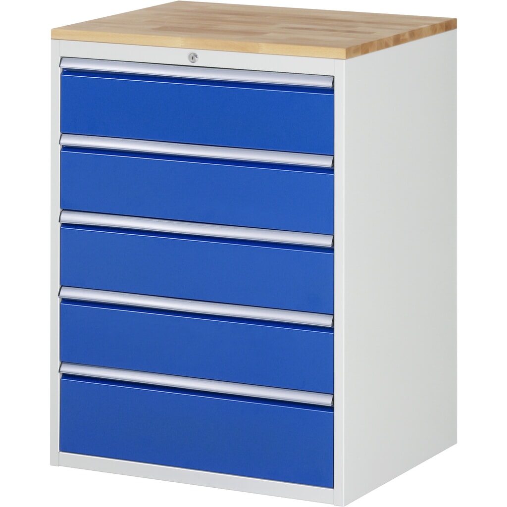 RAU Schubladenschrank Serie 7000, HxBxT 1.035 x 770 x 650 mm, 5 x 90%-Auszug-Schubladen 4 x 180, 1 x 210 mm, Arbeitsplatte Buche Produktabbildung: RAU Schubladenschrank Serie 7000, HxBxT 1.035 x 770 x 650 mm, 5 x 90%-Auszug-Schubladen 4 x 180, 1 x 210 mm, Arbeitsplatte Buche