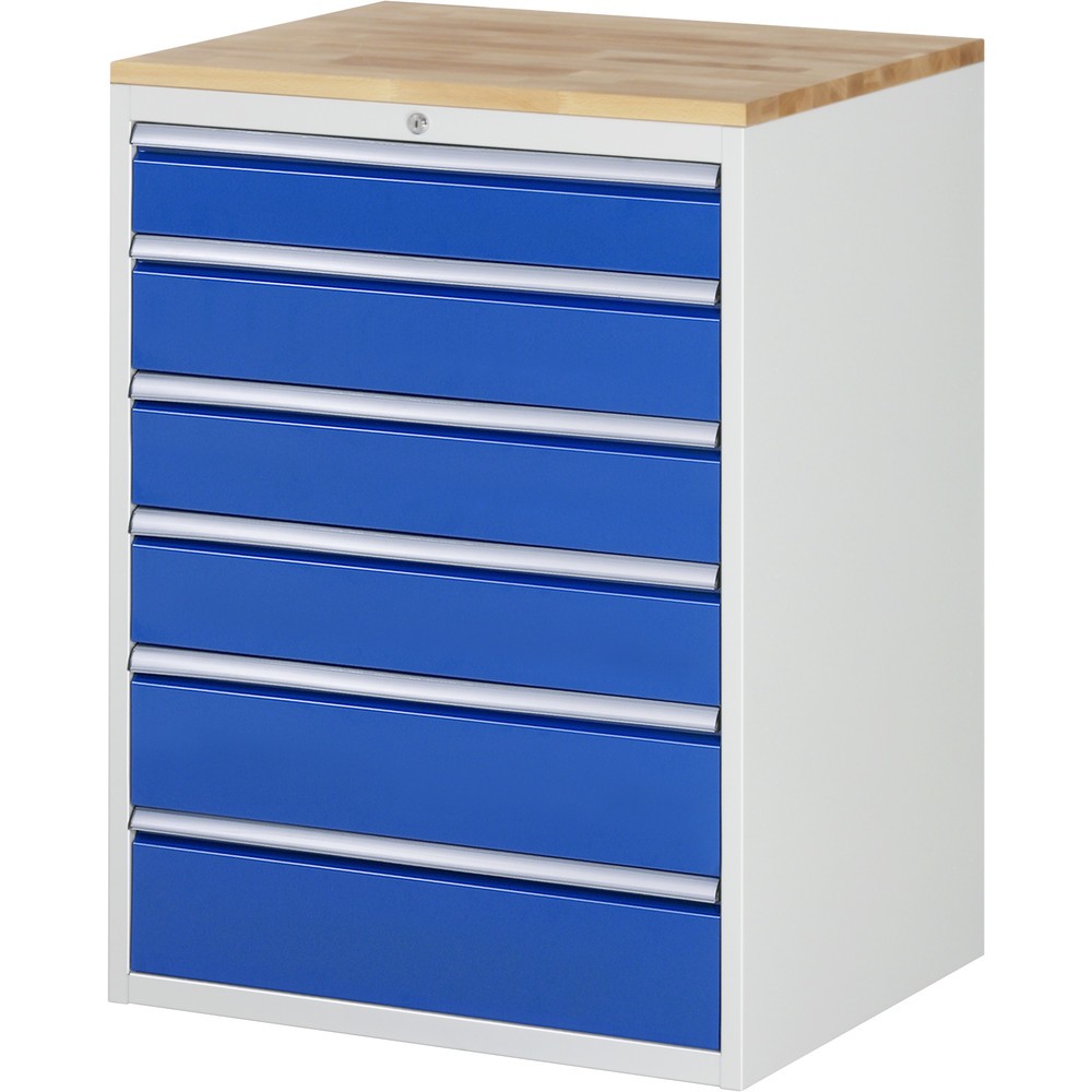 Produktabbildung: RAU Schubladenschrank Serie 7000, HxBxT 1.035 x 770 x 650 mm, 6 x 90%-Auszug-Schubladen 1 x 120, 3 x 150, 2 x 180 mm, Arbeitsplatte Buche